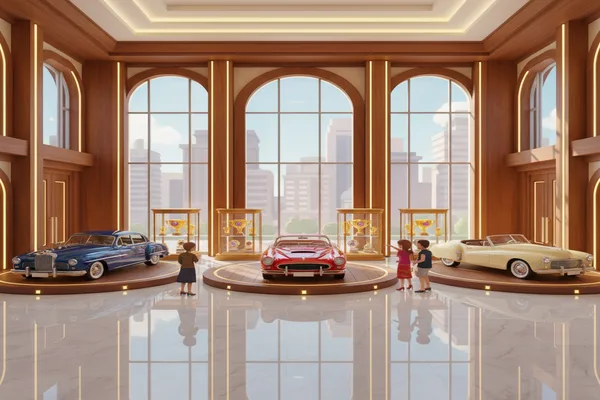 Prestige vehicle gallery showroom with classic cars on display