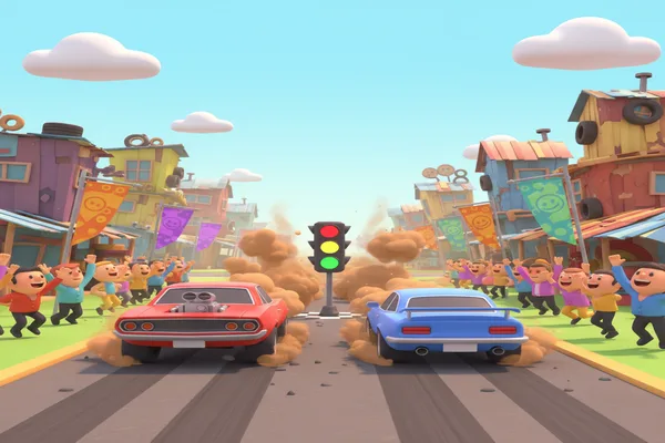 Drag racing arena with two cars at the starting line